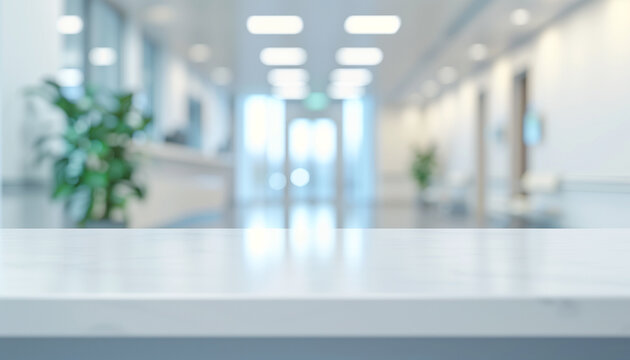 Empty blank white Mable table top counter hospital  hospital medical blurred background