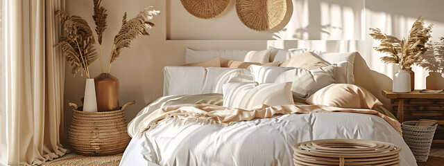 A cozy bedroom, with a white bed and beige accents, evokes a sense of calm and relaxation for a perfect weekend getaway. 
