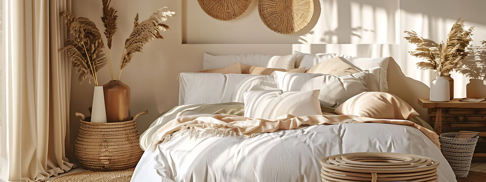 A cozy bedroom, with a white bed and beige accents, evokes a sense of calm and relaxation for a perfect weekend getaway. 
