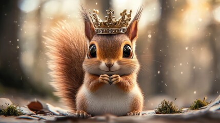 Naklejka premium Cute big-eyed squirrel cartoon wearing a crown, looking royal and majestic