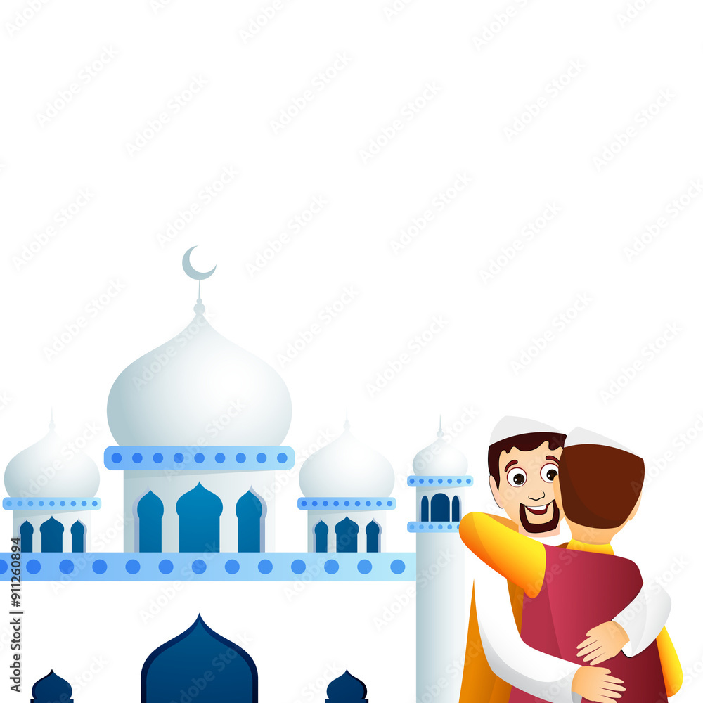 Wall mural cartoon character of islamic men hugging each other in front of mosque for eid mubarak festival cele