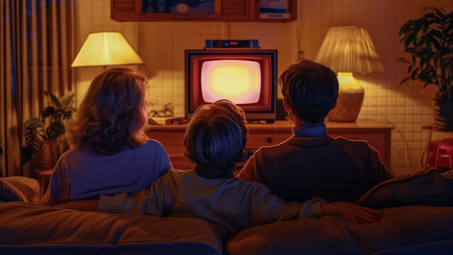 A vintage family is gathered around a warm, glowing television screen in a cozy living room, creating a nostalgic ambiance with their decor