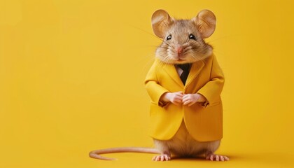A Charming Mouse Dressed in a Yellow Suit Posing Against a Bright Yellow Background