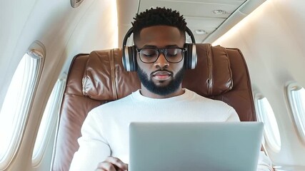 Handsome Young African American Man Sitting in Airplane Seat, Working on Laptop and Typing on Notebook Computer - Wearing Headphones on Private Jet Flight, Businessman Passenger Online - Powered by Adobe