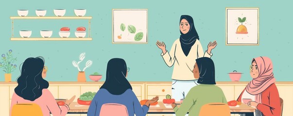 Women in Hijabs Having a Conversation and Sharing Food.