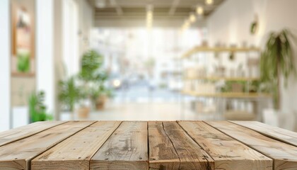 Rustic Wooden Table Surface in Brightly Lit Modern Café With Stylish Décor and Plants