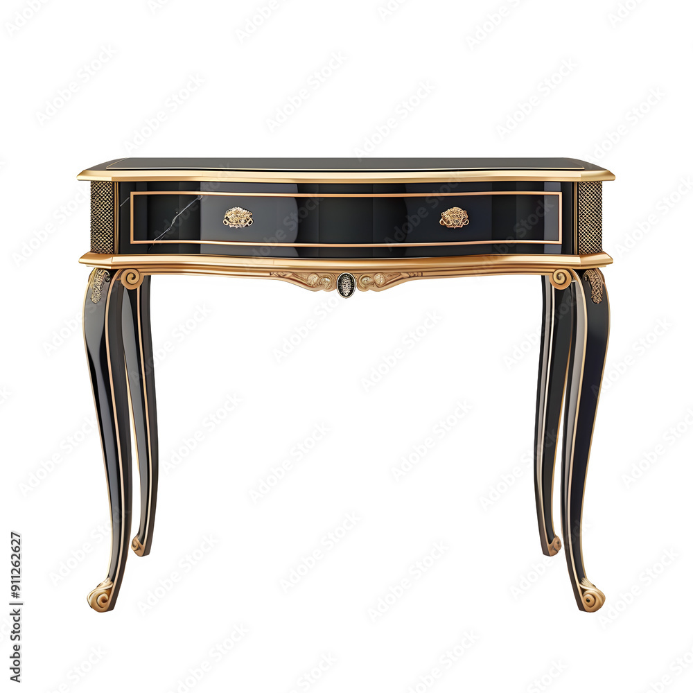 Poster exquisite black and gold console table with intricate detailing on a clear background