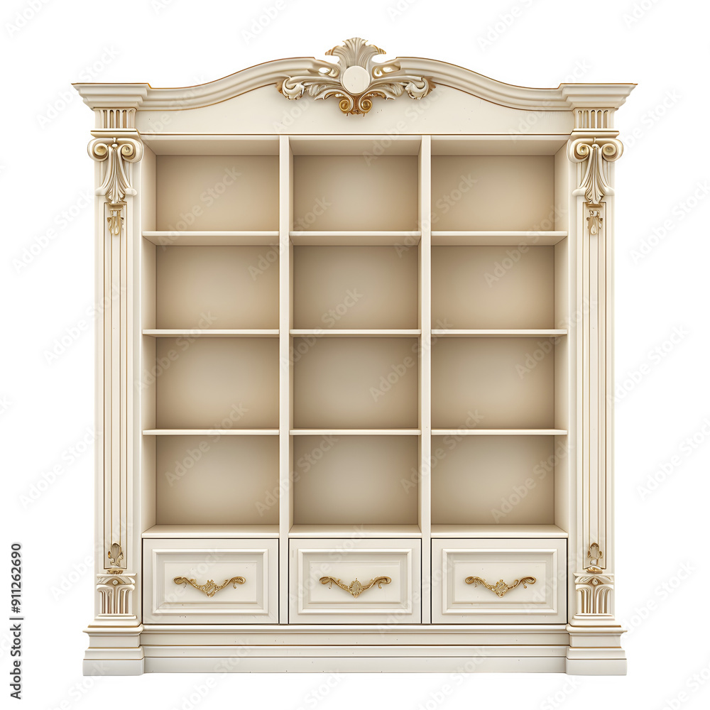 Poster elegant empty wooden bookcase with ornate details isolated on a transparent checkerboard background