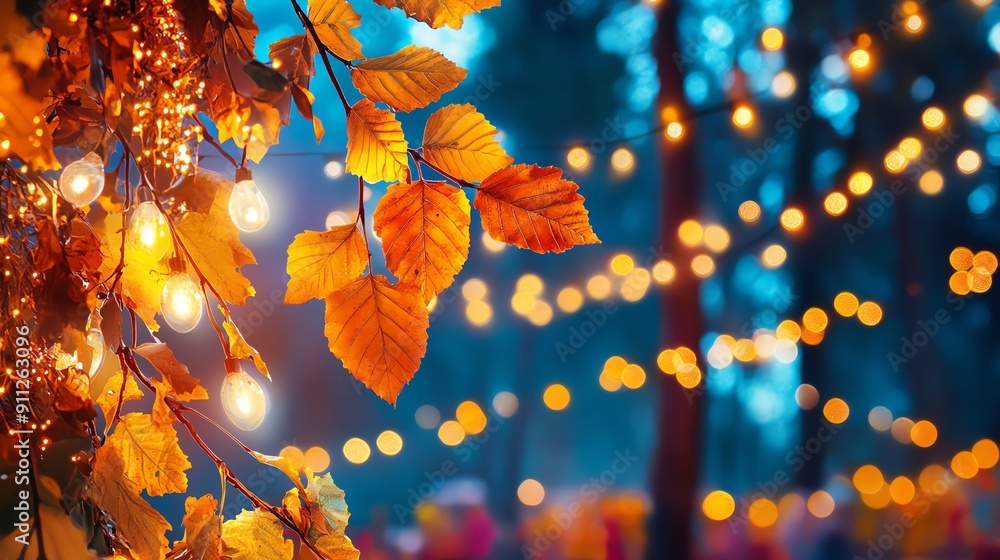 Poster glowing autumn leaves adorned with string lights create a magical atmosphere in a tranquil outdoor s