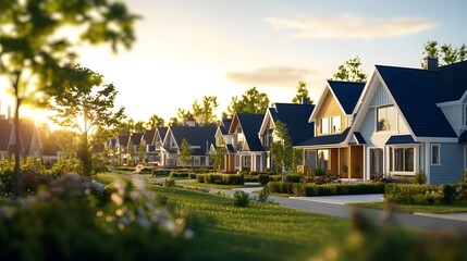 Suburban neighborhood, row of houses, navy blue roofs, white siding, wooden accents, panoramic view, golden hour lighting, soft sunlight, lush green foliage, clear sky.