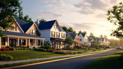 Suburban neighborhood, row of houses, navy blue roofs, white siding, wooden accents, panoramic view, golden hour lighting, soft sunlight, lush green foliage, clear sky.