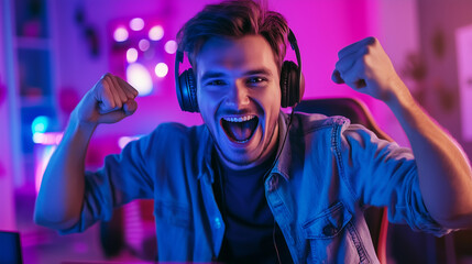 Happy young man, boy gamer celebrating online video game victory, gesturing yes, leisure. Expression. Happiness. Win