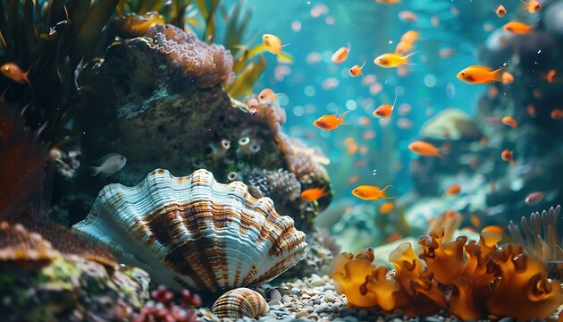 Vibrant underwater scene with orange fish swimming amongst coral and a large clam shell.