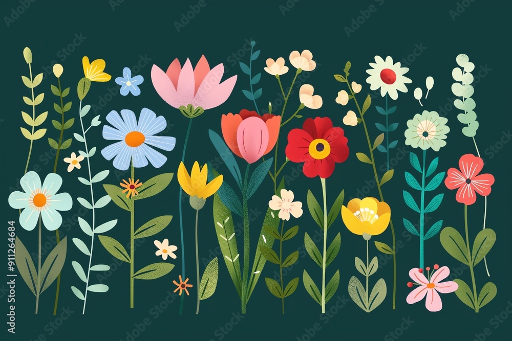 Wall mural Flowers, array of colorful blooms, flat design illustration