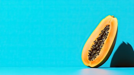 Obraz premium A juicy papaya on a vibrant blue background, with room for text.