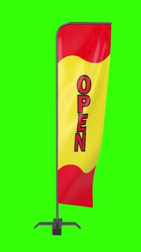 OPEN Feather Flag sign. Outdoor banner flagpole for Gas station or beach . Advertisement bowflag with metal pole. Flag shape on green screen chroma key background.