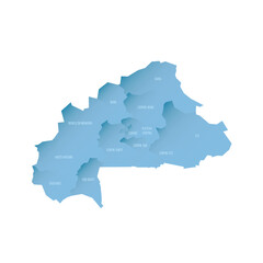 Burkina Faso political map of administrative divisions - regions. Shaded vector map with 3D-like blue gradient and name labels
