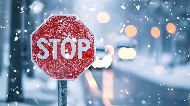Snowy Winter Road with Red Stop Sign - Traffic Safety Warning, Ice Caution for Car Transport and Traveling, Bad Conditions
