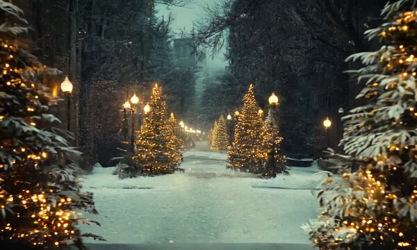 christmas trees on road on night