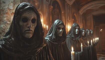 A secret society meeting with members in dark robes and masks, intense atmosphere, photorealistic, high detail, 4k resolution, candlelit chamber
