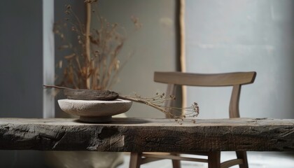 Natural Still Life Arrangement Featuring Dried Plants on Rustic Wooden Table in Minimalist Interior