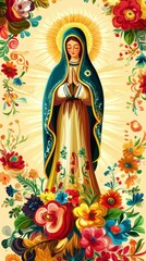 Fototapeta premium Vibrant Virgin Mary Surrounded by Colorful Flowers