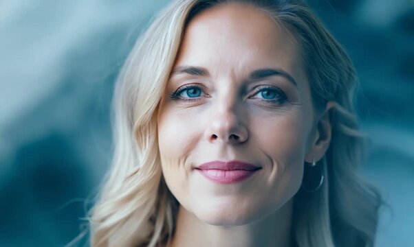 Portrait video of a Swedish woman in her 40s against an abstract background