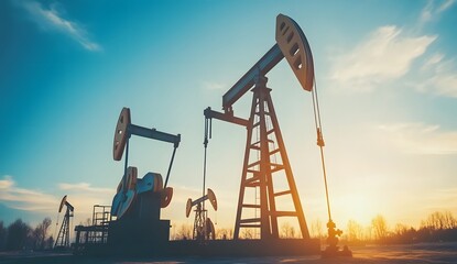 Obraz premium Oil pumpjacks against the sky. soft light, Oil and gas industry concept. High quality.