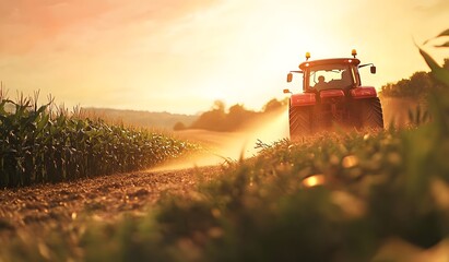 Fototapeta premium Tractor spraying wallpaper with corn field in the background, wide angle lens with natural lighting.