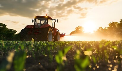 Obraz premium Tractor spraying wallpaper with corn field in the background, wide angle lens with natural lighting.