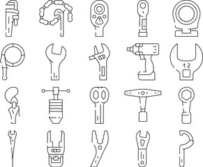 wrench tool spanner repair icons set vector. work maintenance, workshop key, mechanic equipment, construction mechanical wrench tool spanner repair black contour illustrations
