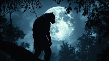 A werewolf silhouetted against a full moon, with a haunting forest in the background.