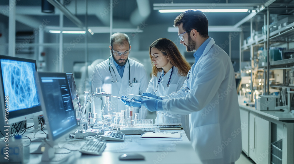 Poster a group of scientists are working in a lab. they are wearing lab coats and are sitting at desks. the