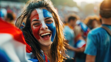 Obraz premium Joyful woman with painted face in French flag colors at lively outdoor event. Concepts of national pride, celebration, and community spirit.