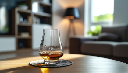Elegant Glass of Whiskey on a Simple Table in a Cozy Living Room