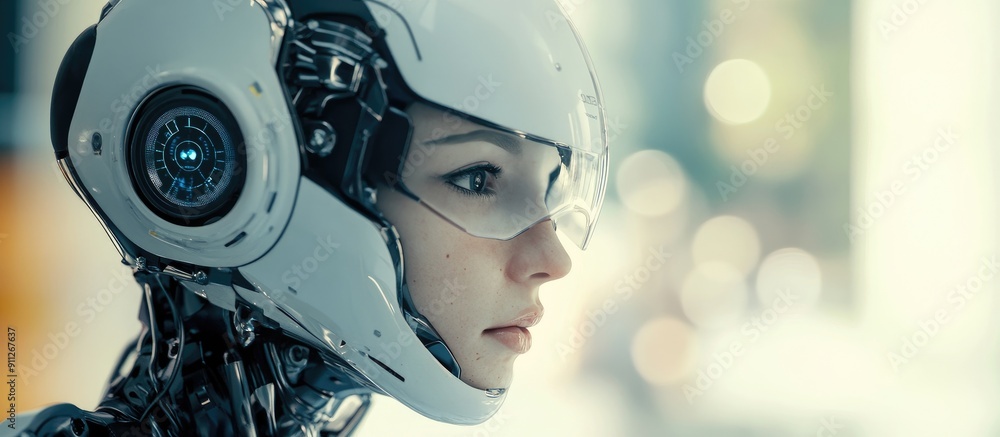 Poster 3d rendering of advanced robot and cyborg development supported by ai research for future living inn