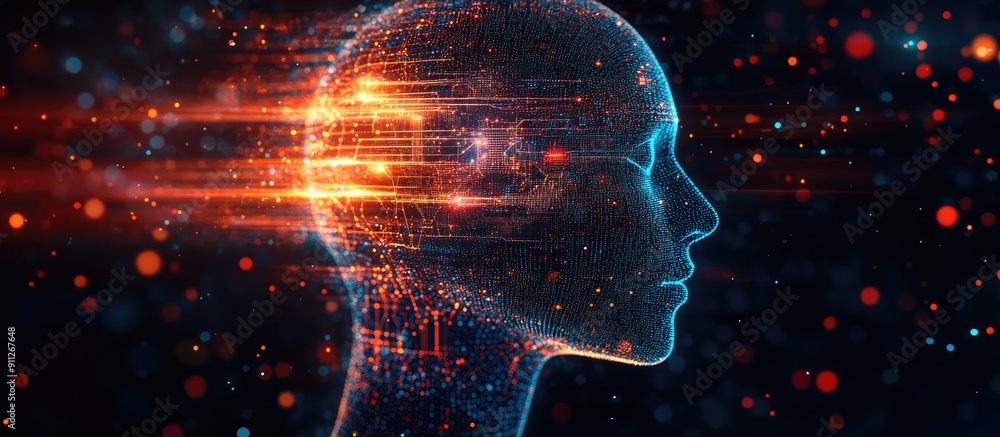 Poster abstract representation of a human head formed by technology symbolizing innovation in the digital a