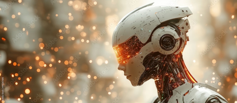 Poster 3d rendering of ai research in robot and cyborg development for future living digital data mining an