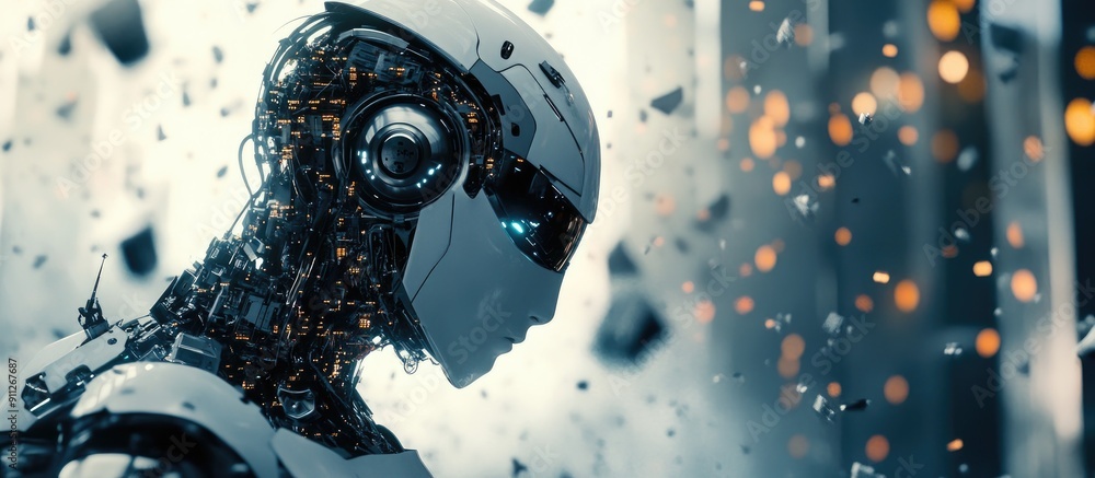 Poster 3d rendering of ai research in robot and cyborg development for future living digital data mining an