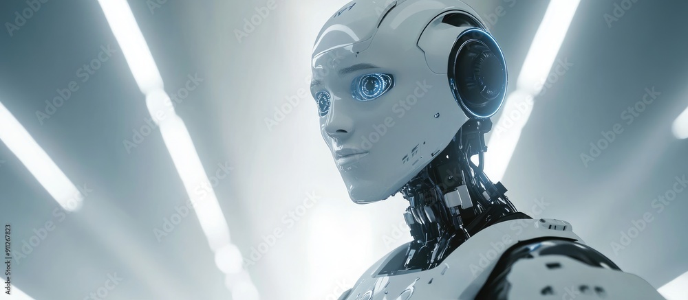 Poster confident ai robot navigating a high tech environment advanced 3d render of future technology