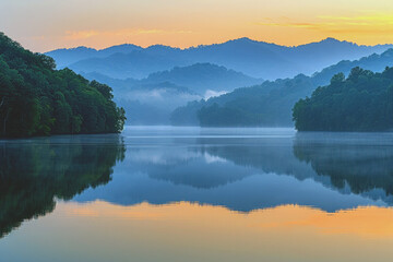 Fototapeta premium The tranquil lake reflects the green mountains.