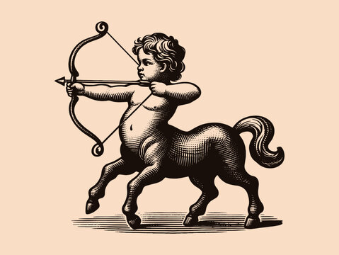 Cute baby boy centaur shoots a bow. intage engraving vector illustration. Logo, print, emblem	