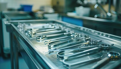 Surgical Instruments Carefully Arranged on a Stainless Steel Tray in a Modern Operating Room