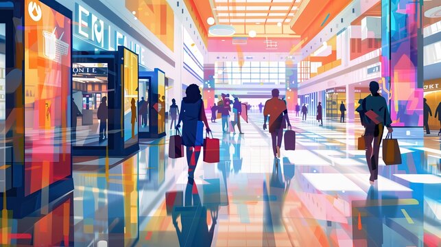 Shopping concept.  Busy Shopping Mall with Shoppers