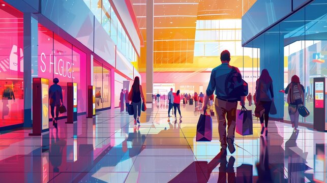 Shopping concept.  Busy Shopping Mall with Shoppers