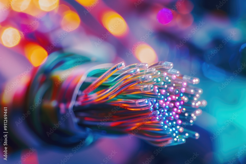 Poster close-up of illuminated optical fiber cables with colorful bokeh lights in the background. concepts 
