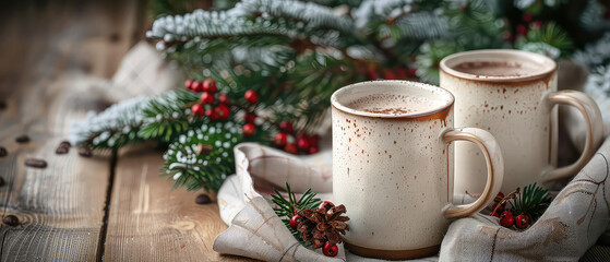 Happy new year or Christmas mockup. Ceramic white cup or mug with hot chocolate, foam, coffee, tea with decorations on christmas background. Cozy wintertime leisure. Generative ai	
