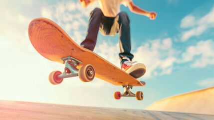 A skateboarder performing an ollie, board and feet in mid-air above the pavement