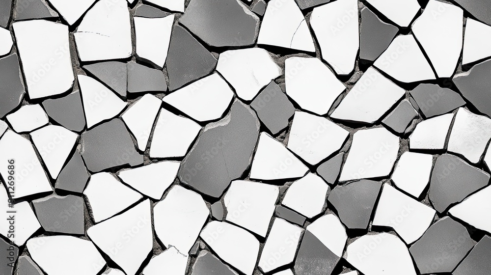 Poster a close-up view of a textured wall composed of irregular white stones, showcasing cracks and variati