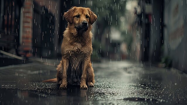 A dog is waiting for its owner on the road in distress during the rain
